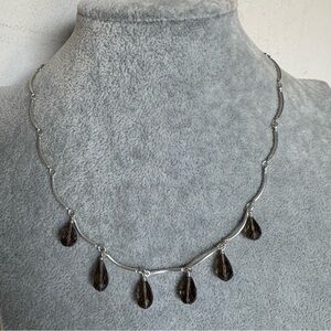 Artisan 925 Silver Metal Chain Brown Smoky Quartz Choker Necklace with Earrings